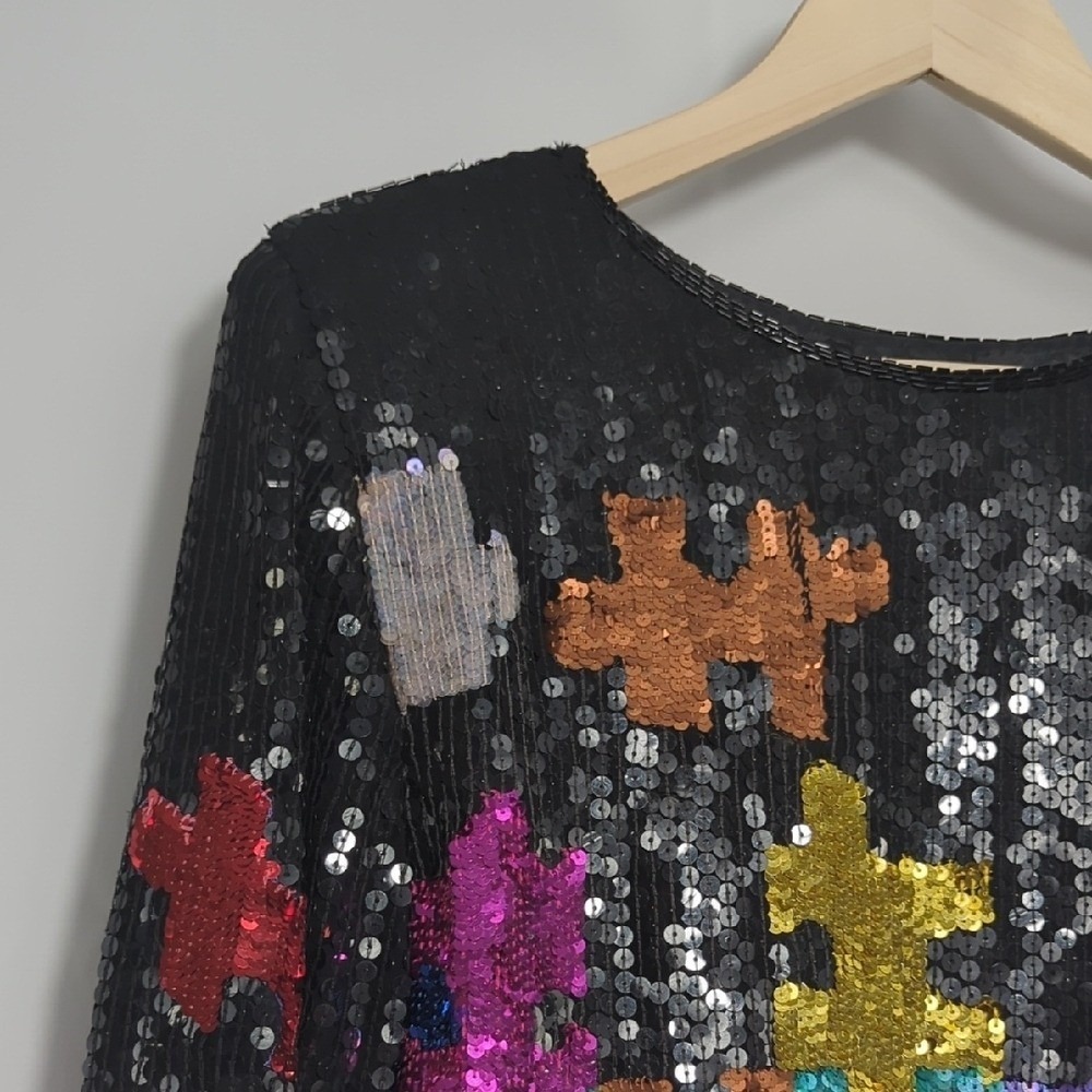 Vintage 80's Sequin Puzzle Piece Silk Colorful Blouse Glass Bead RARE Autism Med - Picture 9 of 16